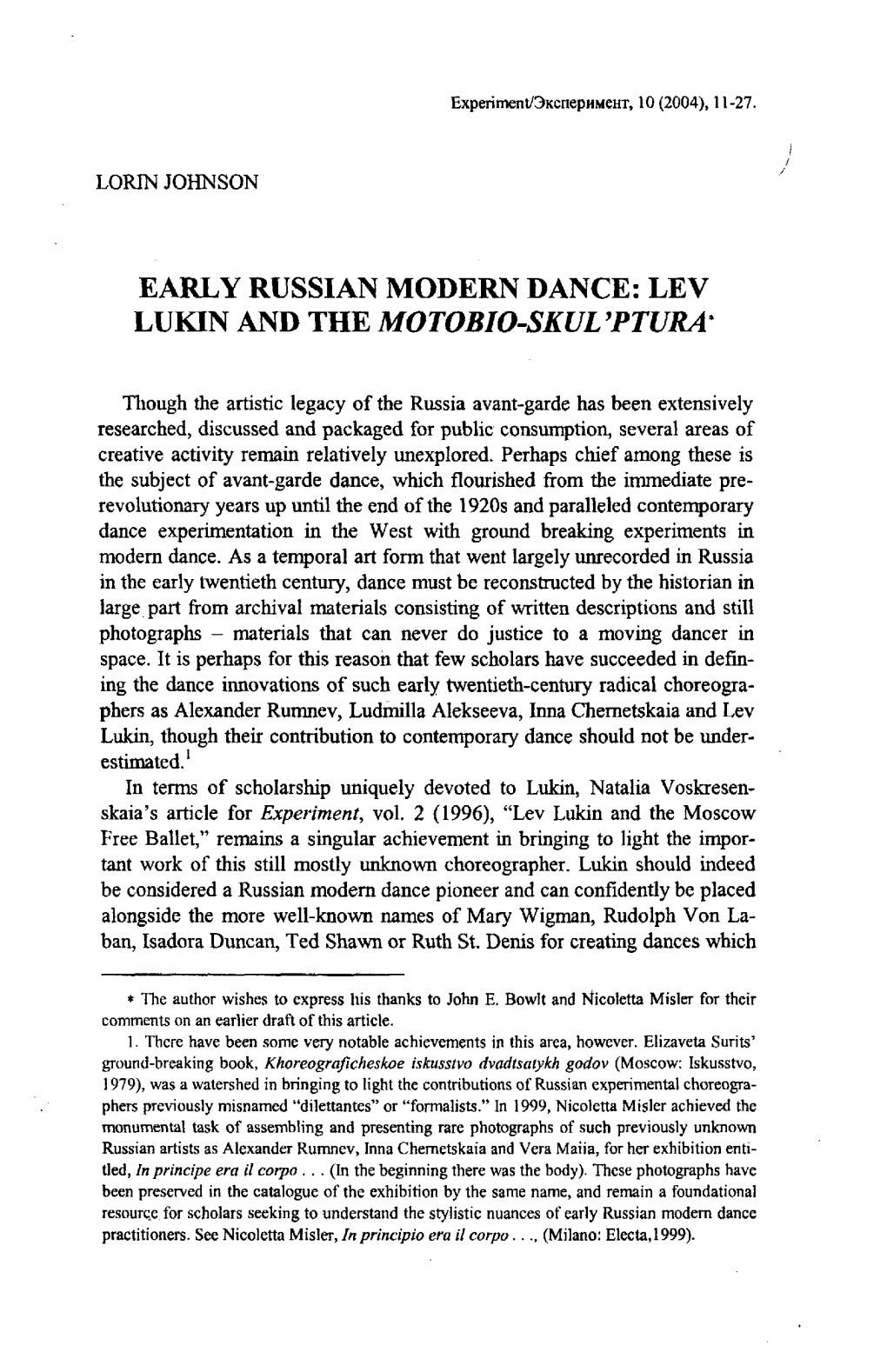 Early Russian Modern Dance: Lev Lukin and the Motobio-Skul'ptura*