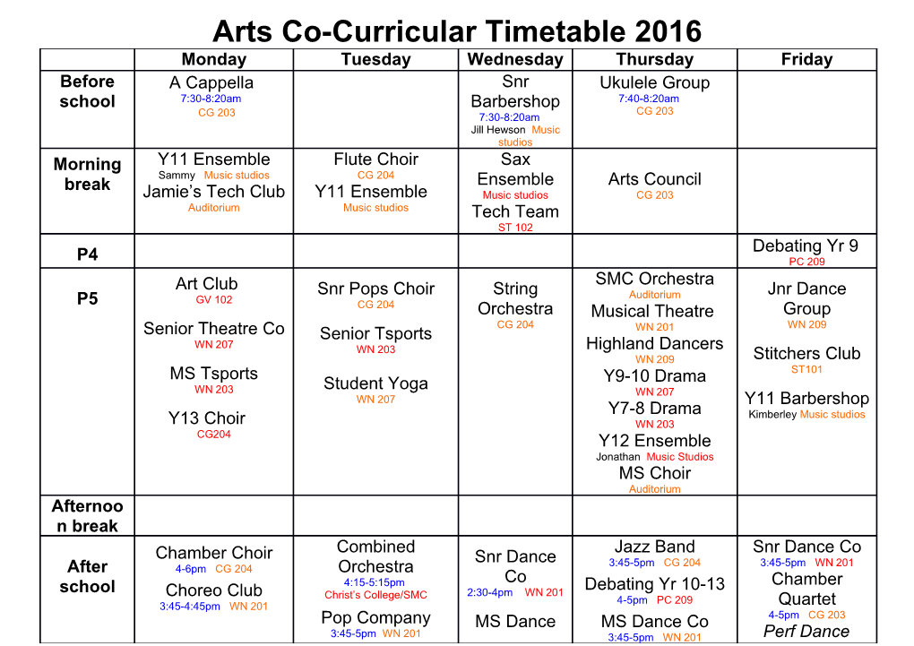 Arts Co-Curricular Timetable 2016