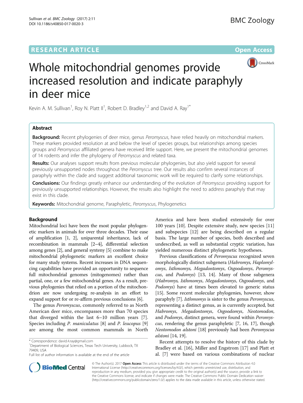 Whole Mitochondrial Genomes Provide Increased Resolution and Indicate Paraphyly in Deer Mice Kevin A