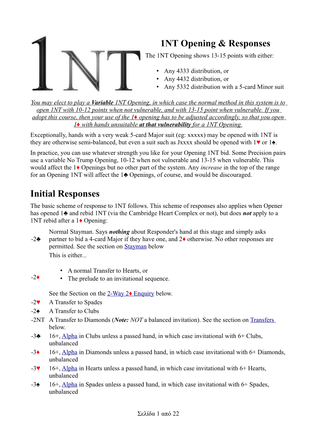 1NT Opening & Responses Initial Responses