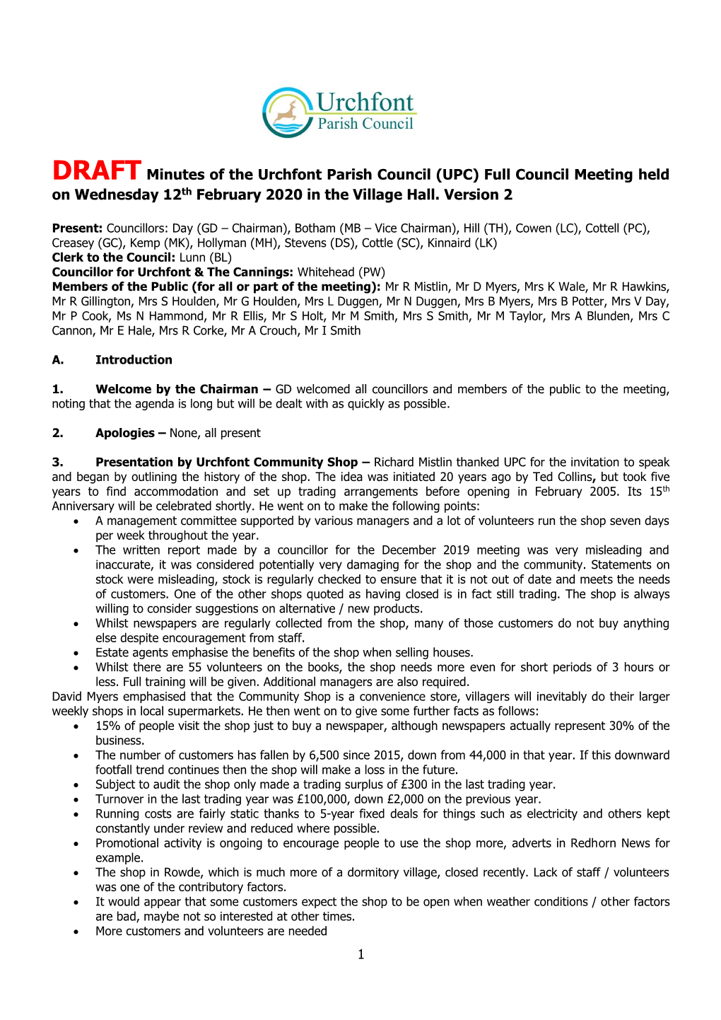 DRAFT Minutes of the Urchfont Parish Council (UPC) Full Council Meeting Held on Wednesday 12Th February 2020 in the Village Hall