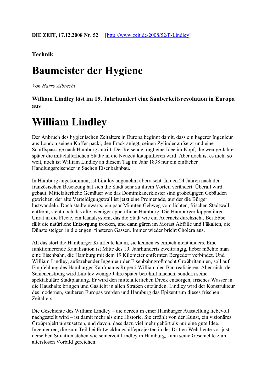 Baumeister Der Hygiene William Lindley