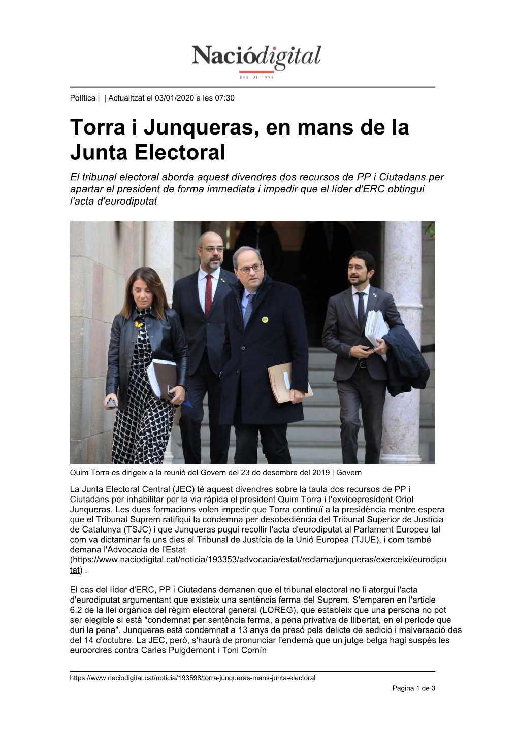 Torra I Junqueras, En Mans De La Junta Electoral