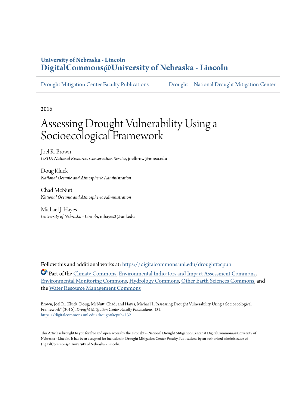 Assessing Drought Vulnerability Using a Socioecological Framework Joel R