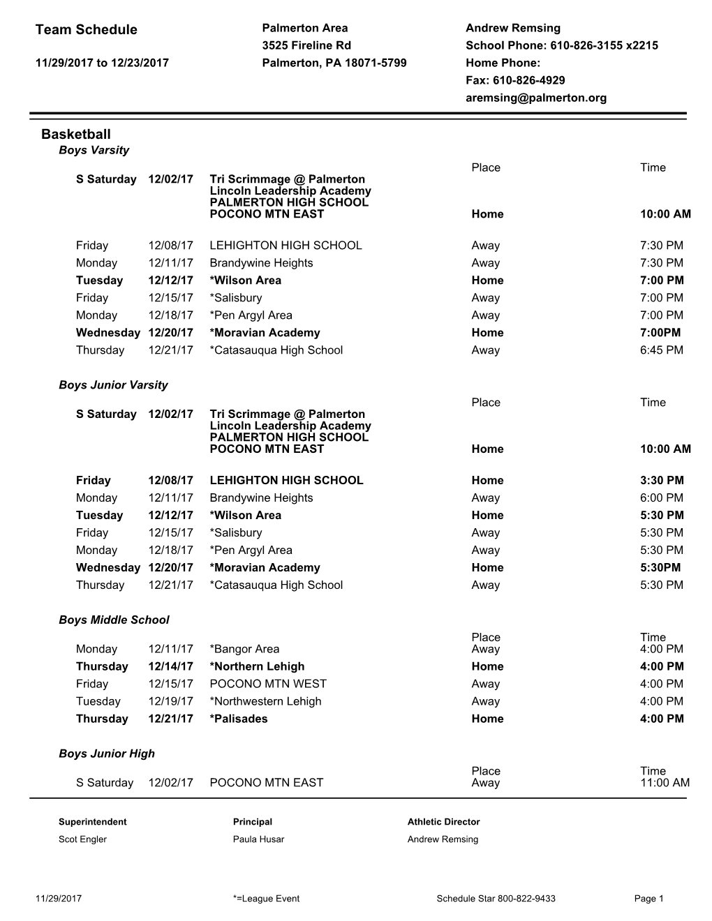 Team Schedule Basketball