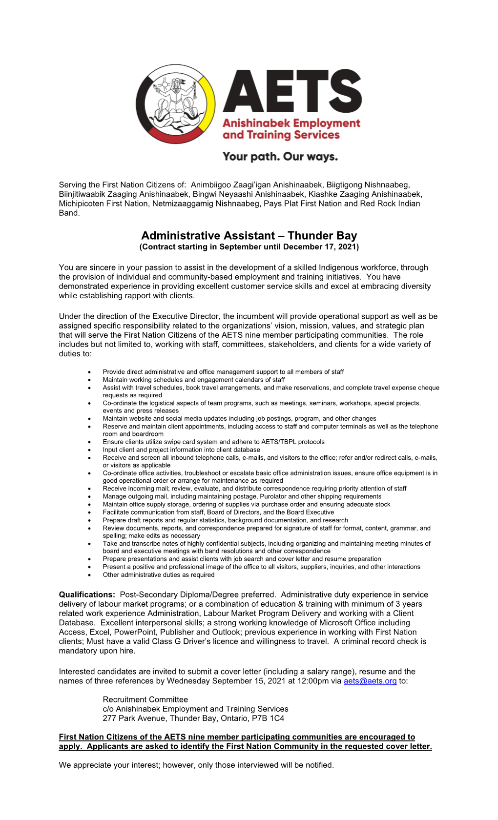 Administrative Assistant – Thunder Bay (Contract Starting in September Until December 17, 2021)