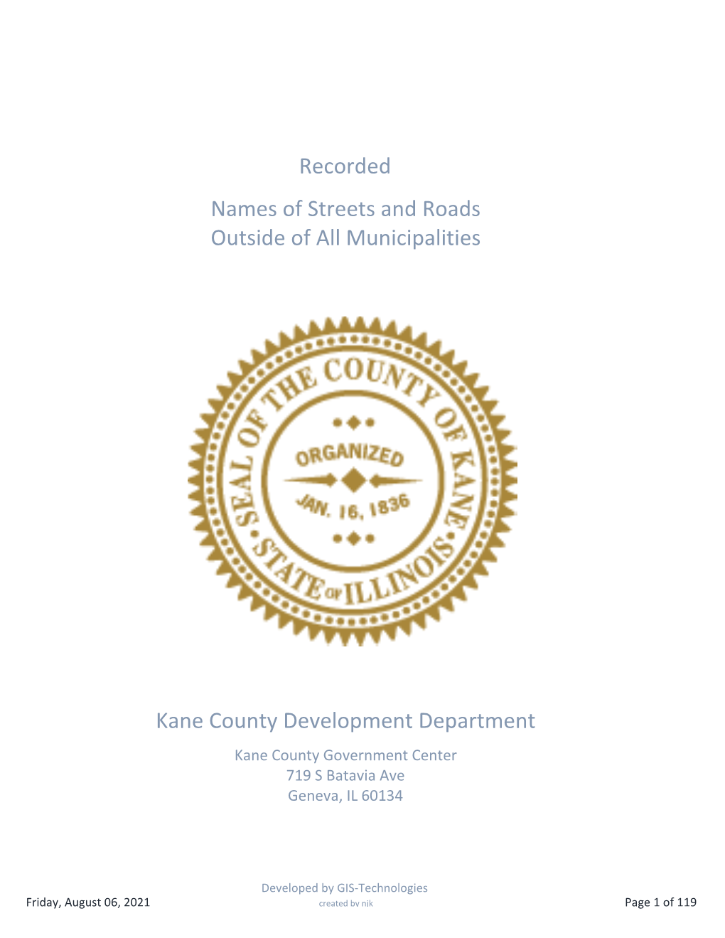 Names of Streets and Roads Outside of All Municipalities Kane County