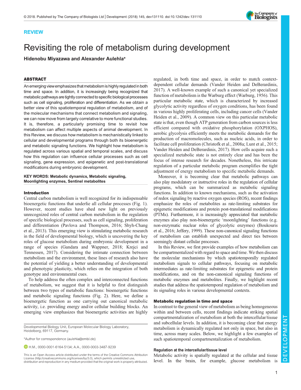 Revisiting the Role of Metabolism During Development Hidenobu Miyazawa and Alexander Aulehla*