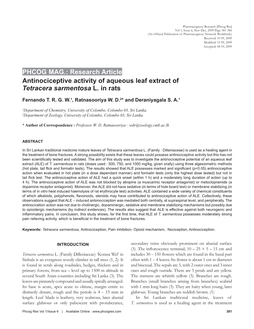 Antinociceptive Activity of Aqueous Leaf Extract of Tetracera Sarmentosa L