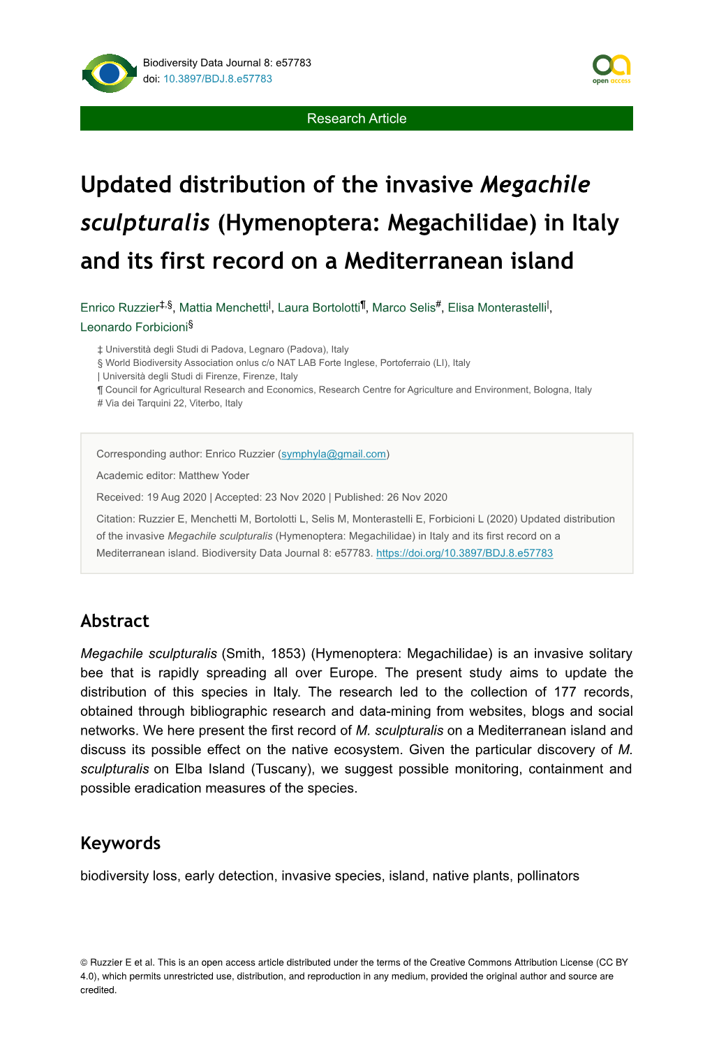 Hymenoptera: Megachilidae) in Italy and Its First Record on a Mediterranean Island