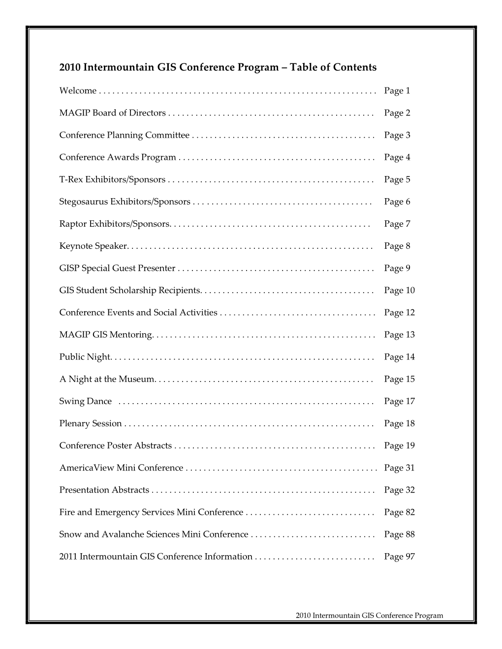 2010 Intermountain GIS Conference Program – Table of Contents