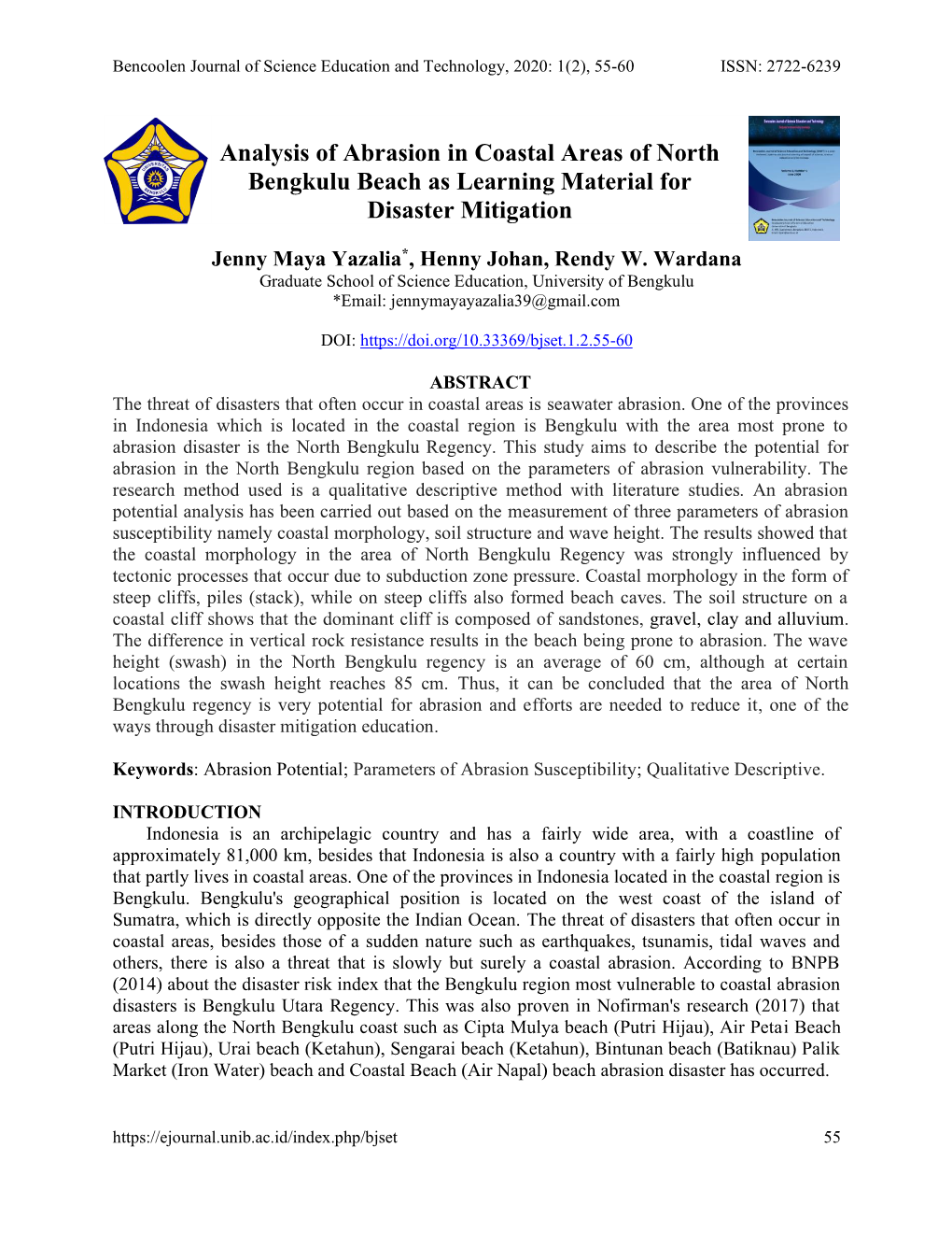 Analysis of Abrasion in Coastal Areas of North Bengkulu Beach As Learning Material for Disaster Mitigation