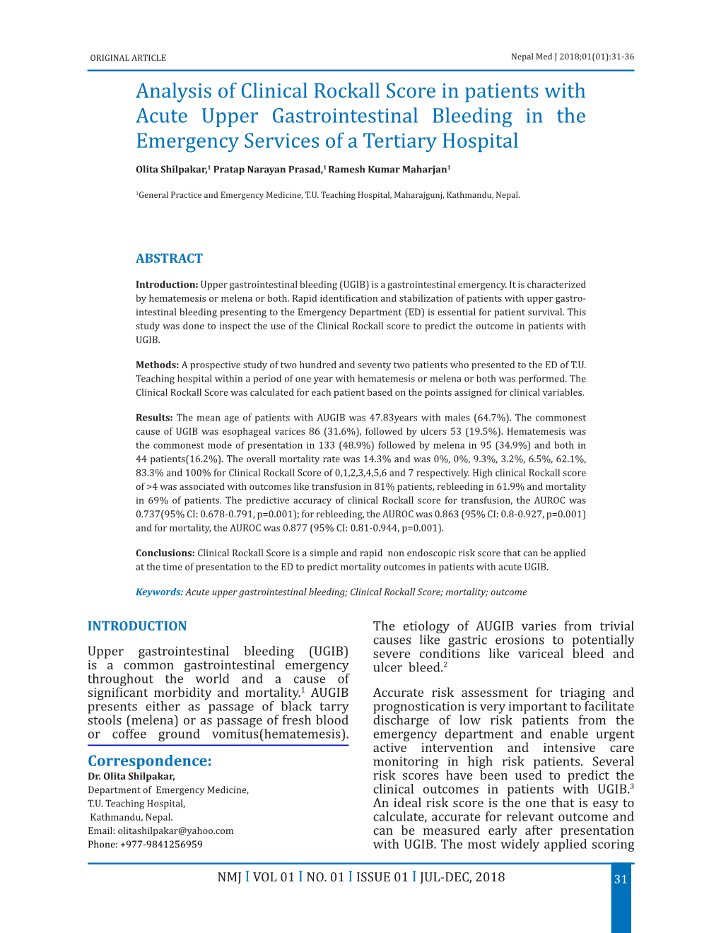 Analysis of Clinical Rockall Score in Patients with Acute Upper Gastrointestinal Bleeding in the Emergency Services of a Tertiary Hospital