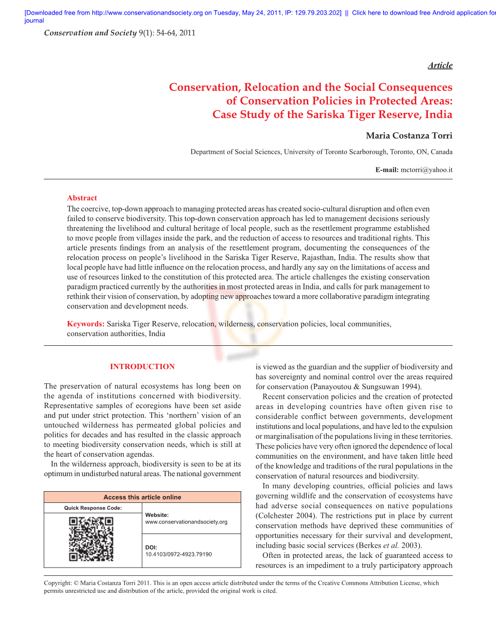 Conservation, Relocation and the Social Consequences of Conservation Policies in Protected Areas: Case Study of the Sariska Tiger Reserve, India