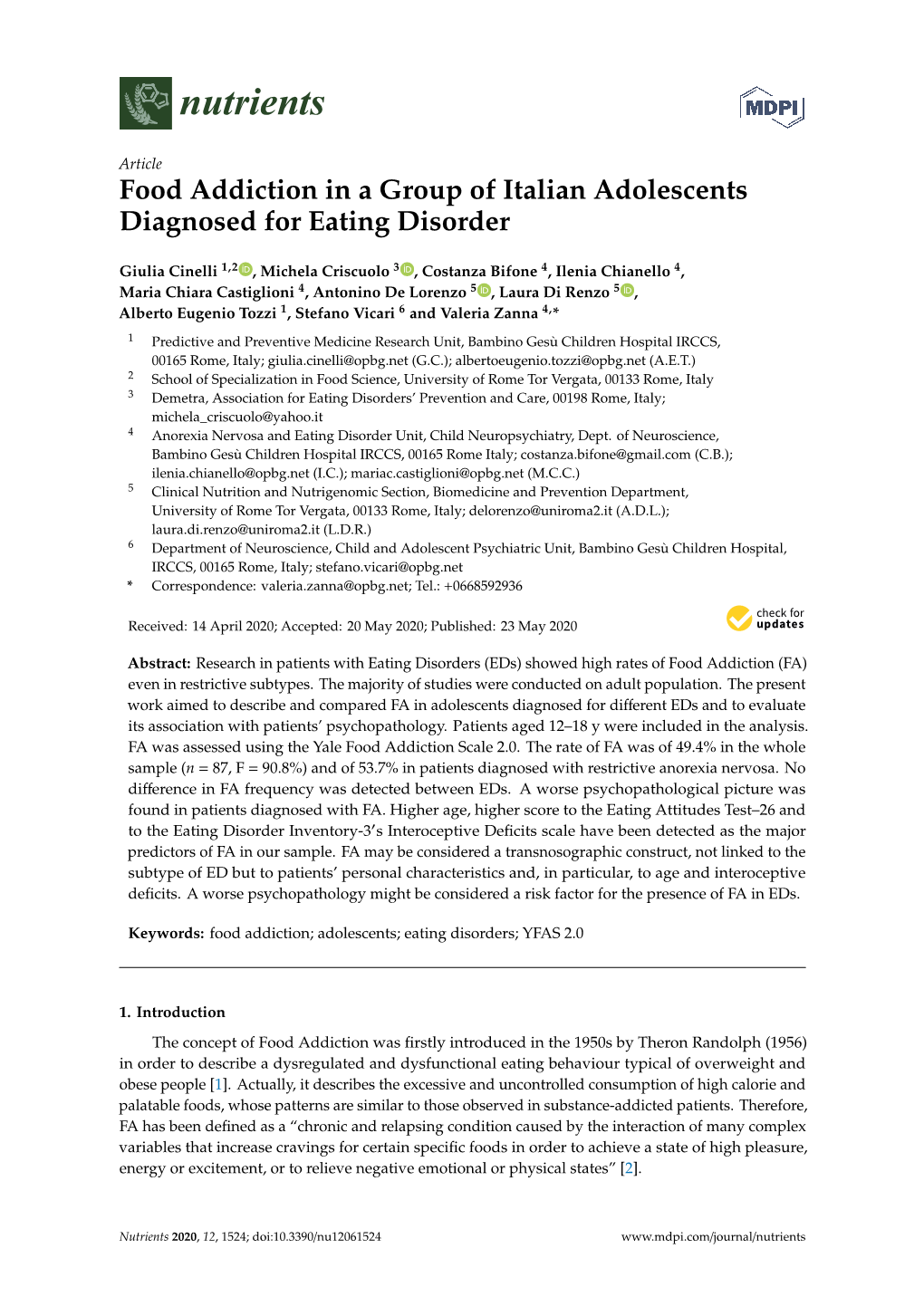 Food Addiction in a Group of Italian Adolescents Diagnosed for Eating Disorder