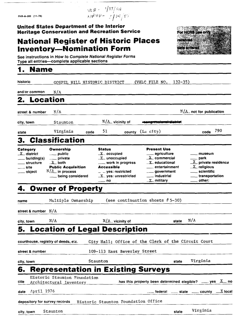 Nomination Form See Instructions in How to Complete National Register Forms Type All Entries--Complete Applicable Sections - 1