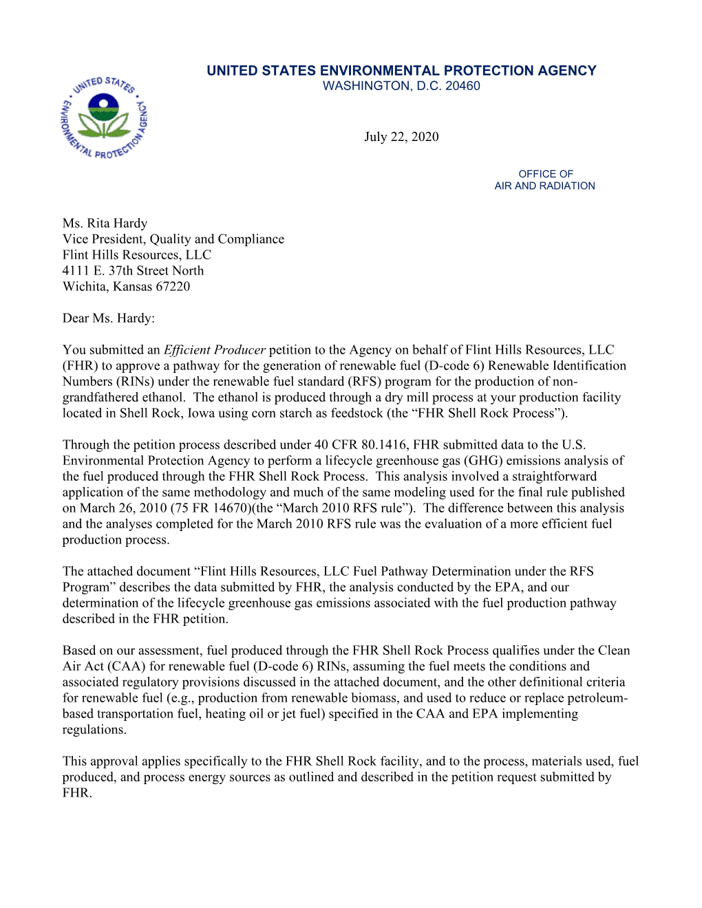 EPA Letter to Flint Hills Resources, LLC. Approving Petition for Pathway