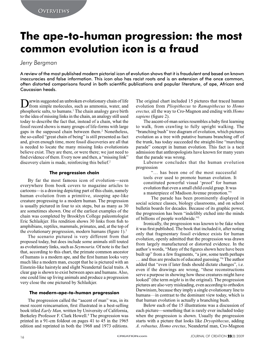 The Ape-To-Human Progression: the Most Common Evolution Icon Is a Fraud Jerry Bergman