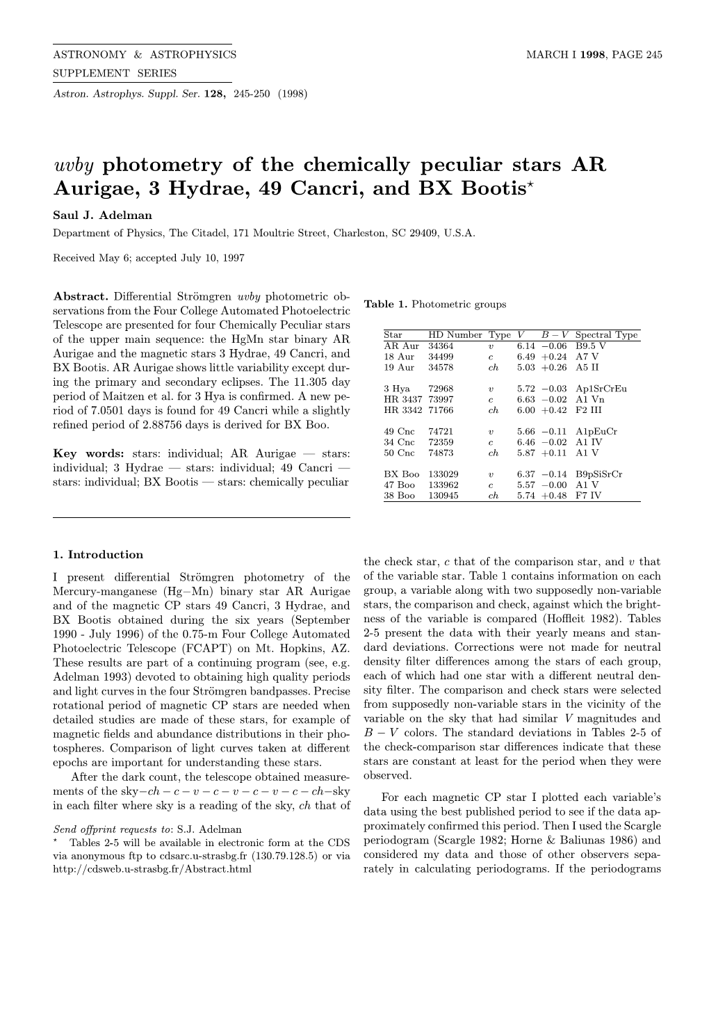 Uvby Photometry of the Chemically Peculiar Stars AR Aurigae, 3 Hydrae, 49 Cancri, and BX Bootis? Saul J