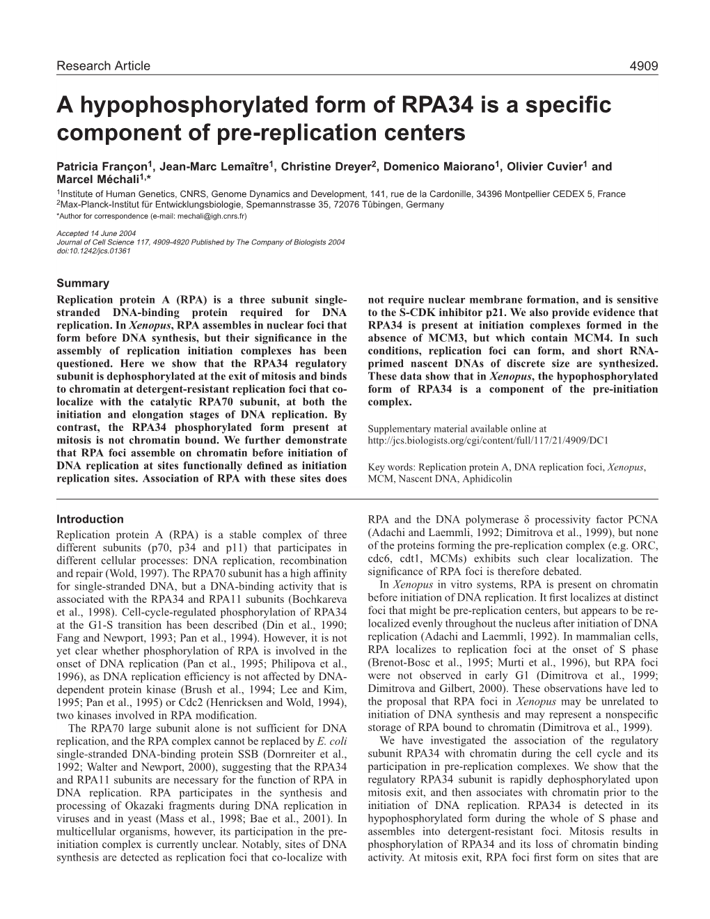 A Hypophosphorylated Form of RPA34 Is a Specific Component of Pre