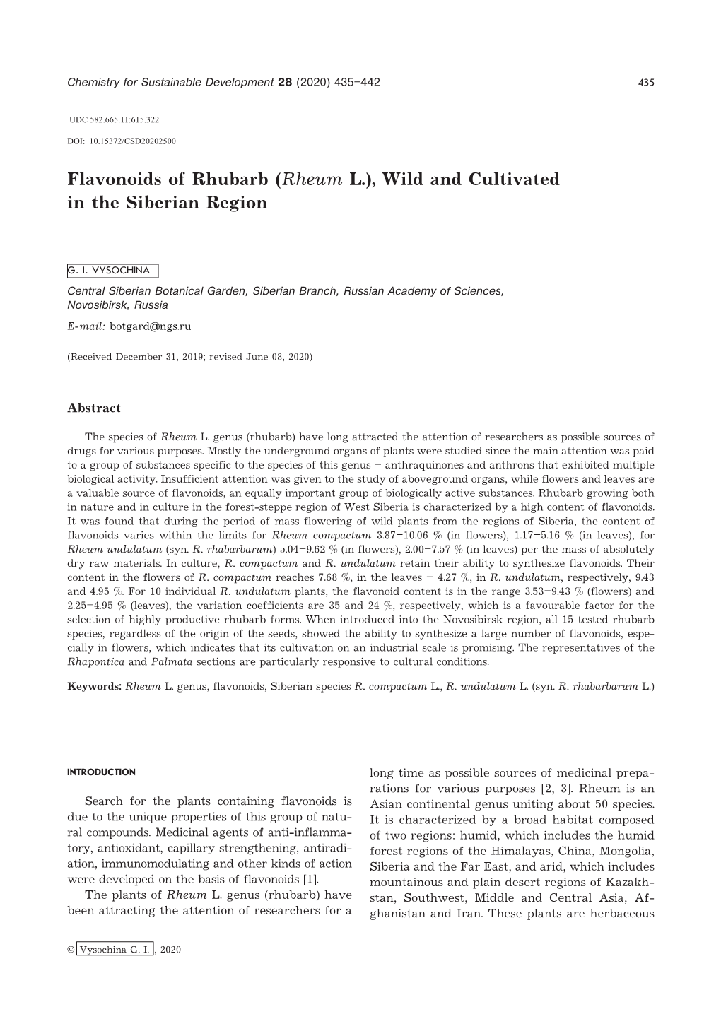 Flavonoids of Rhubarb (Rheum L.), Wild and Cultivated in the Siberian Region