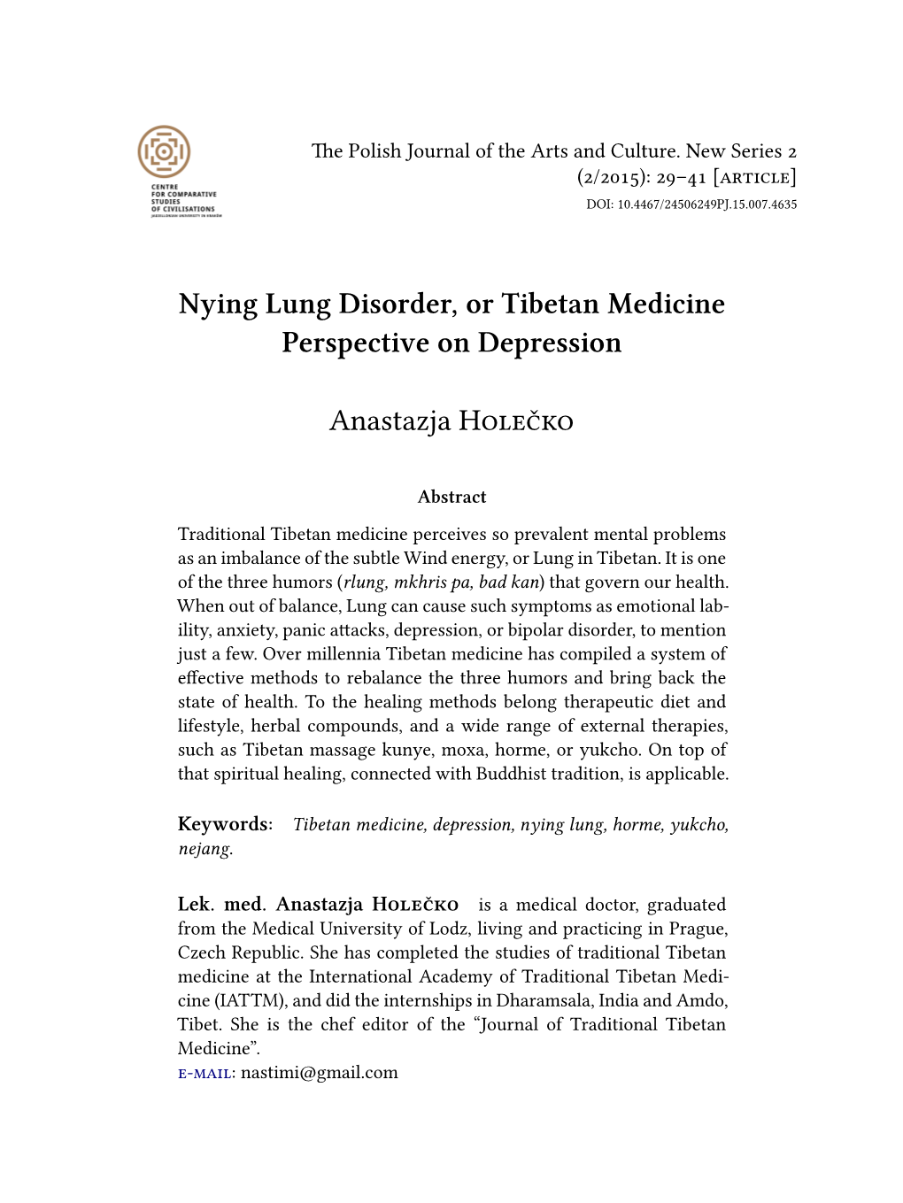 Nying Lung Disorder, Or Tibetan Medicine Perspective on Depression