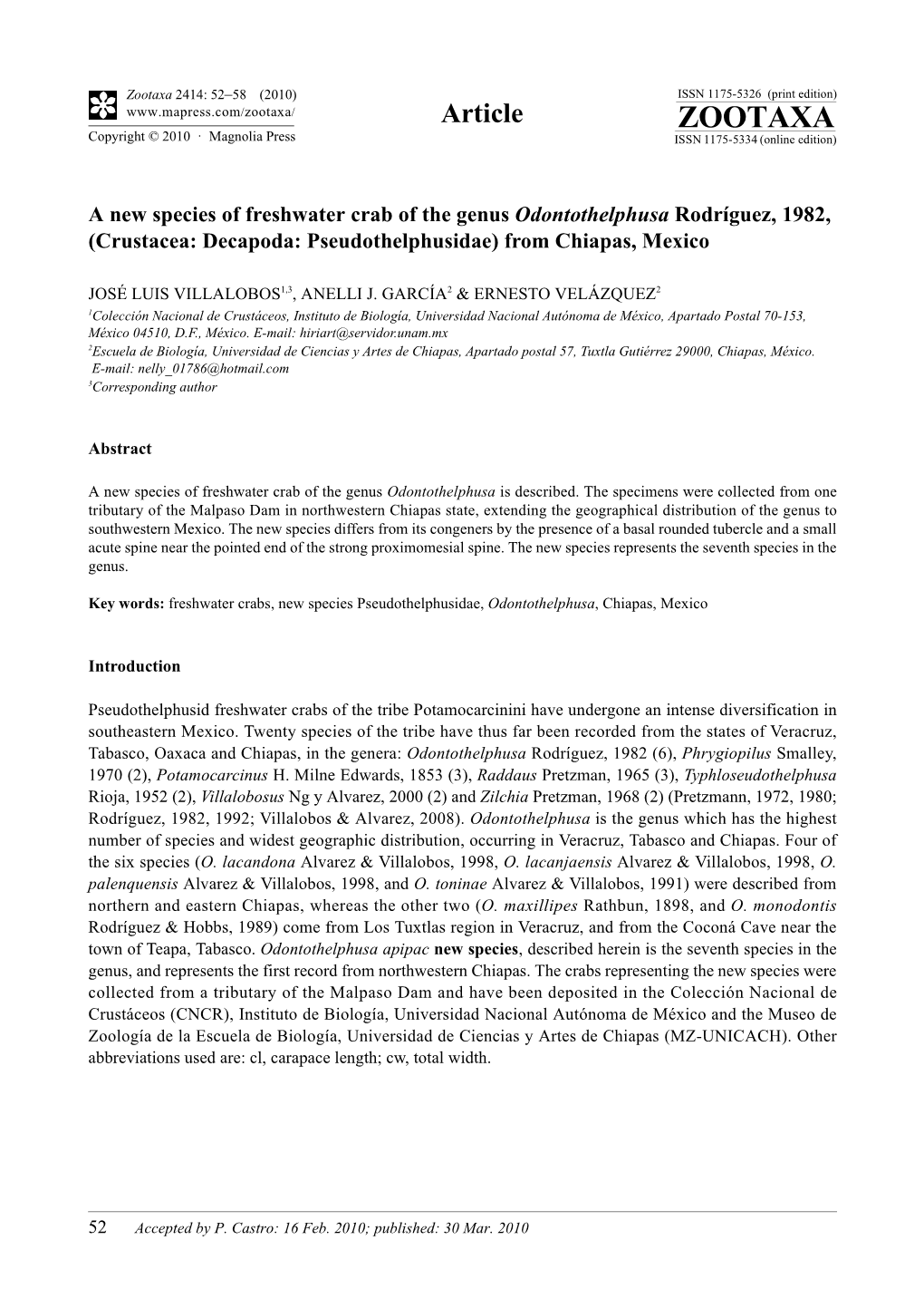 Zootaxa, a New Species of Freshwater Crab of the Genus Odontothelphusa Rodríguez, 1982