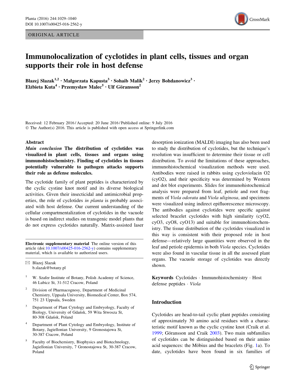 Immunolocalization of Cyclotides in Plant Cells, Tissues and Organ Supports Their Role in Host Defense