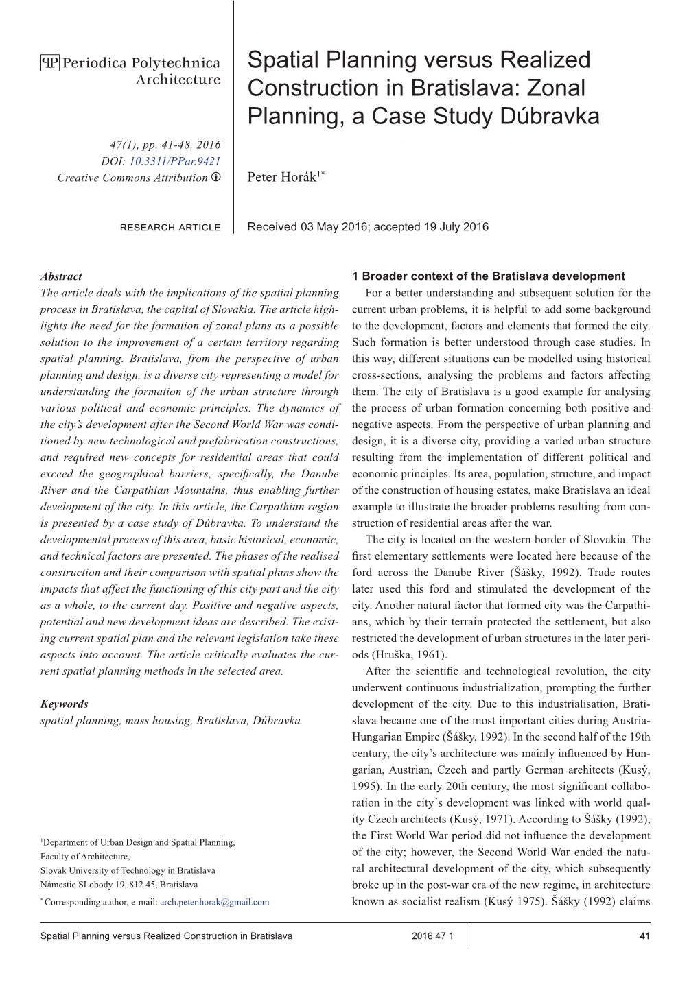 Spatial Planning Versus Realized Construction in Bratislava: Zonal Planning, a Case Study Dúbravka