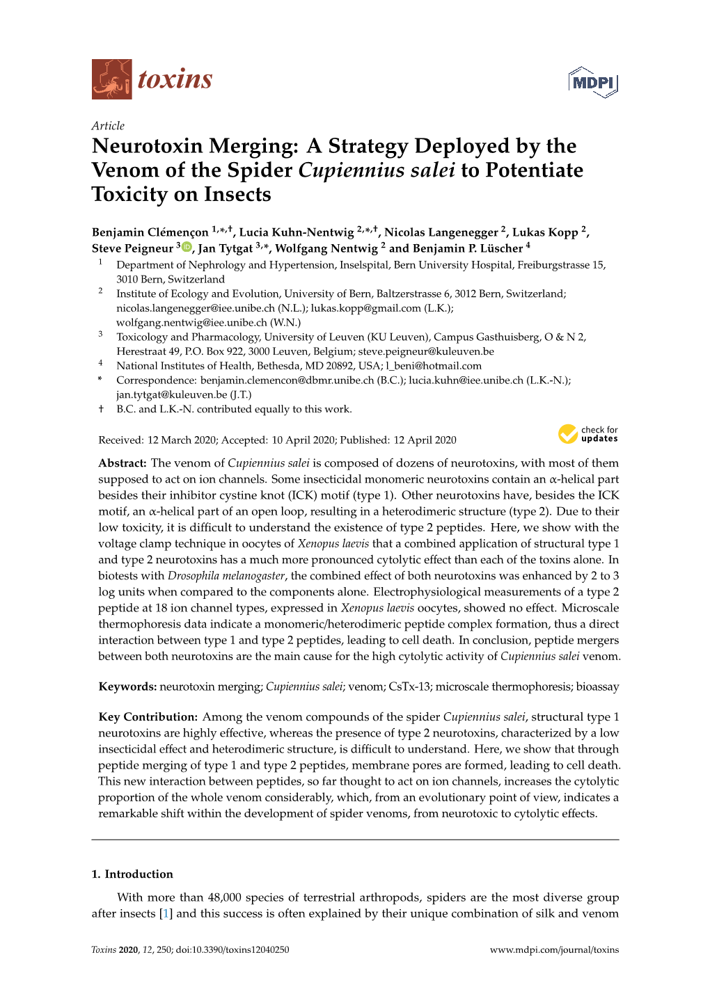 Neurotoxin Merging: a Strategy Deployed by the Venom of the Spider Cupiennius Salei to Potentiate Toxicity on Insects