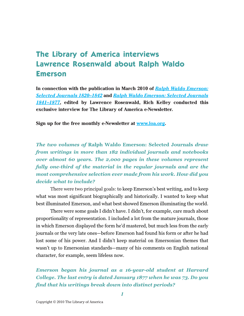 The Library of America Interviews Lawrence Rosenwald About Ralph Waldo Emerson