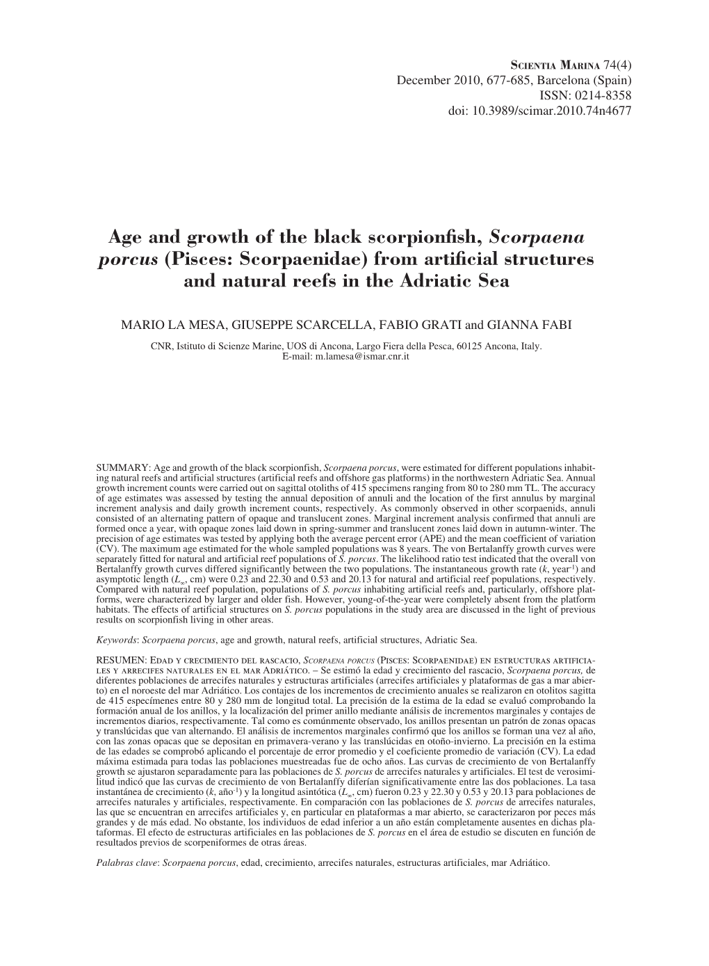 Age and Growth of the Black Scorpionfish, Scorpaena Porcus