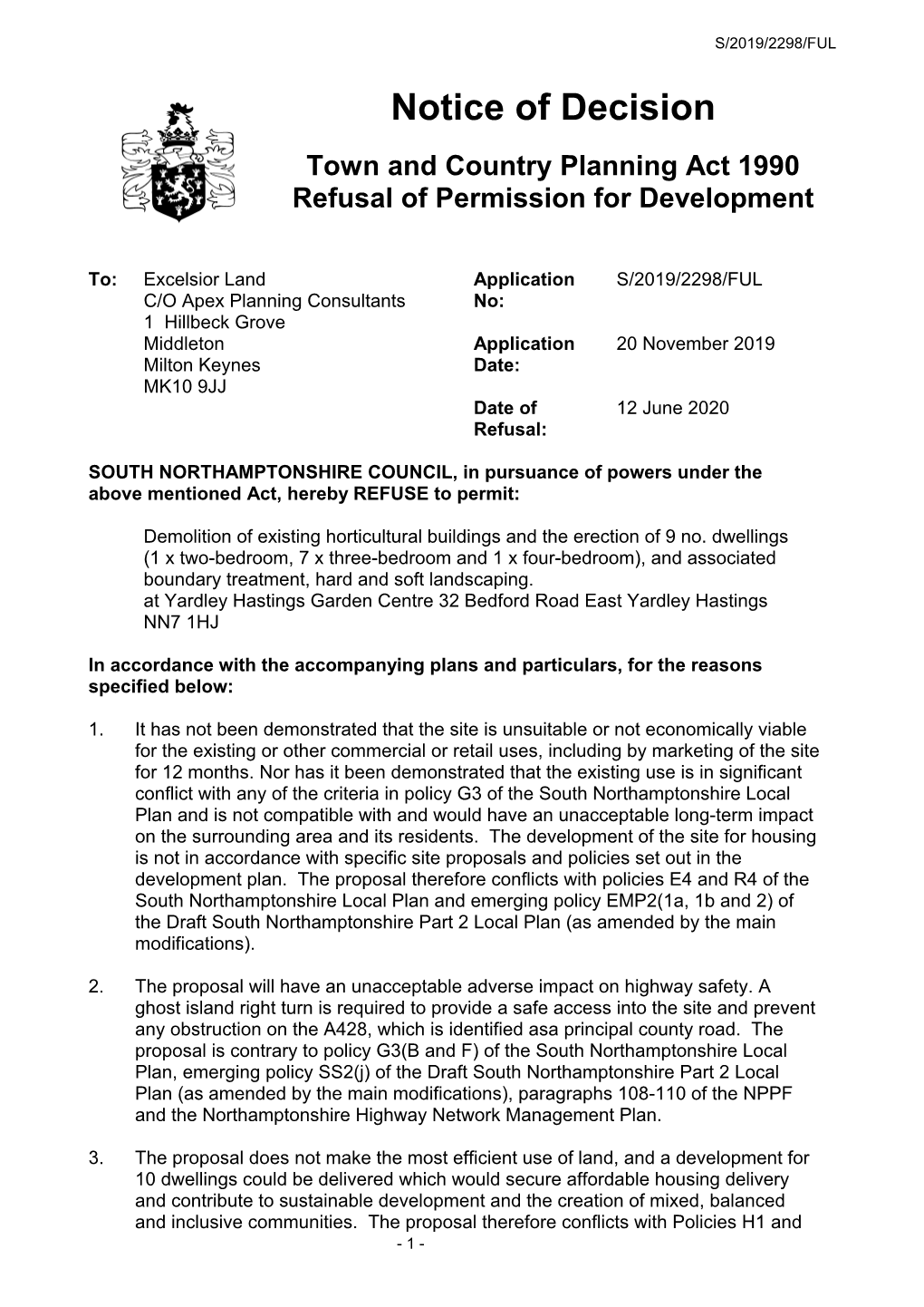 Notice of Decision Town and Country Planning Act 1990 Refusal of Permission for Development