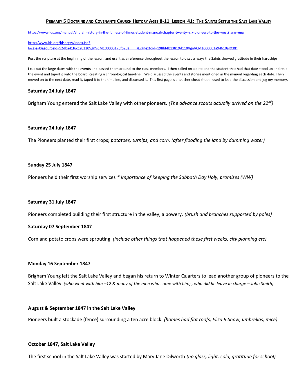 Primary 5 Doctrine and Covenants Church History Ages 8-11 Lesson 41: the Saints Settle