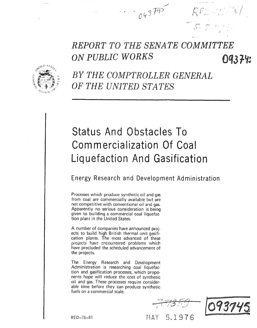 RED-76-81 Status and Obstacles to Commercialization of Coal Liquefaction and Gasification