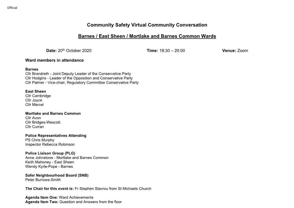 Community Safety Virtual Community Conversation Barnes / East Sheen