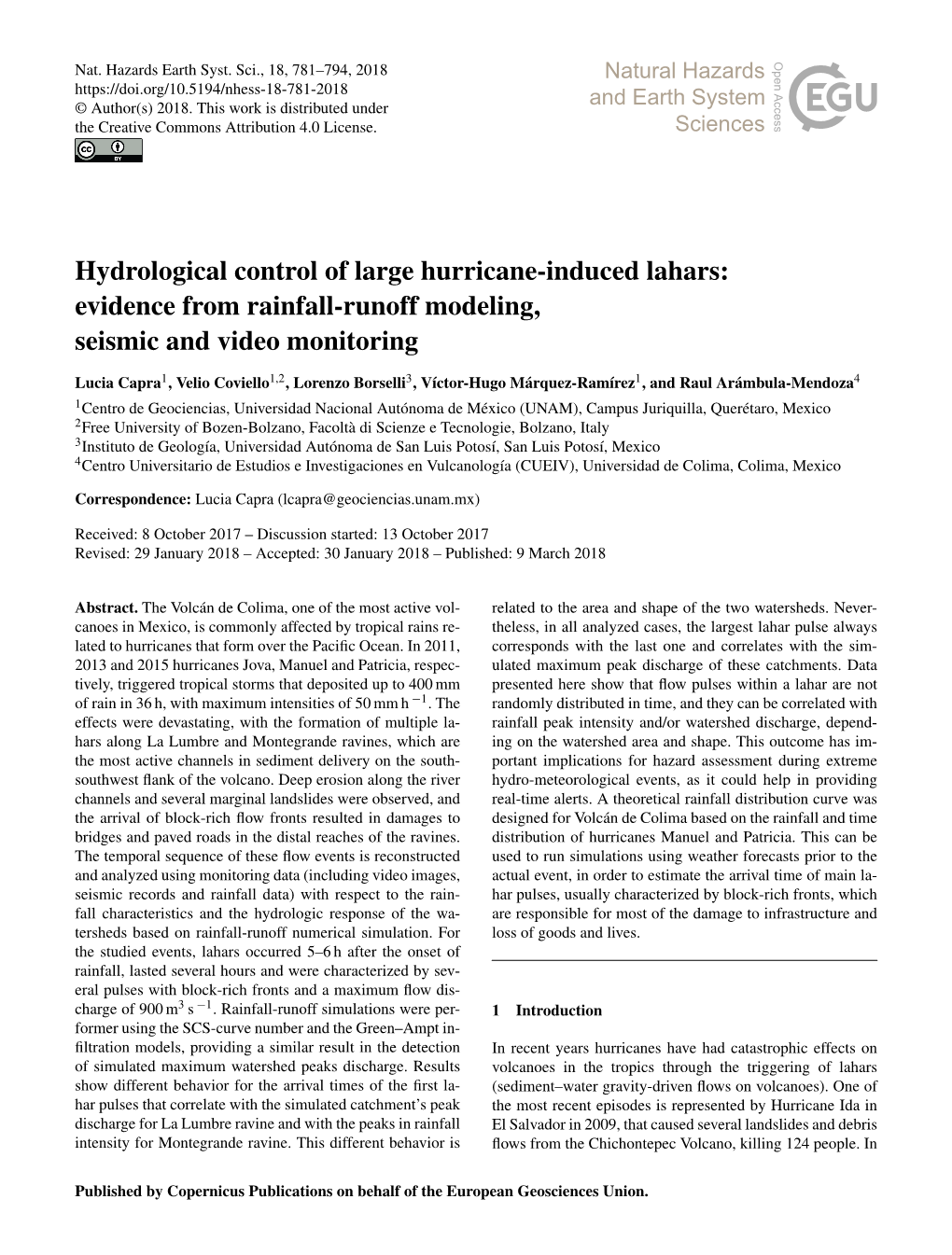 Hydrological Control of Large Hurricane-Induced Lahars: Evidence from Rainfall-Runoff Modeling, Seismic and Video Monitoring