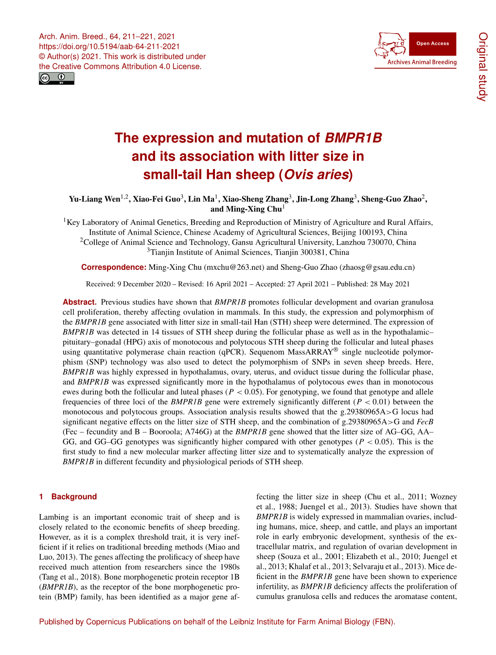 The Expression and Mutation of BMPR1B and Its Association with Litter Size in Small-Tail Han Sheep (Ovis Aries)