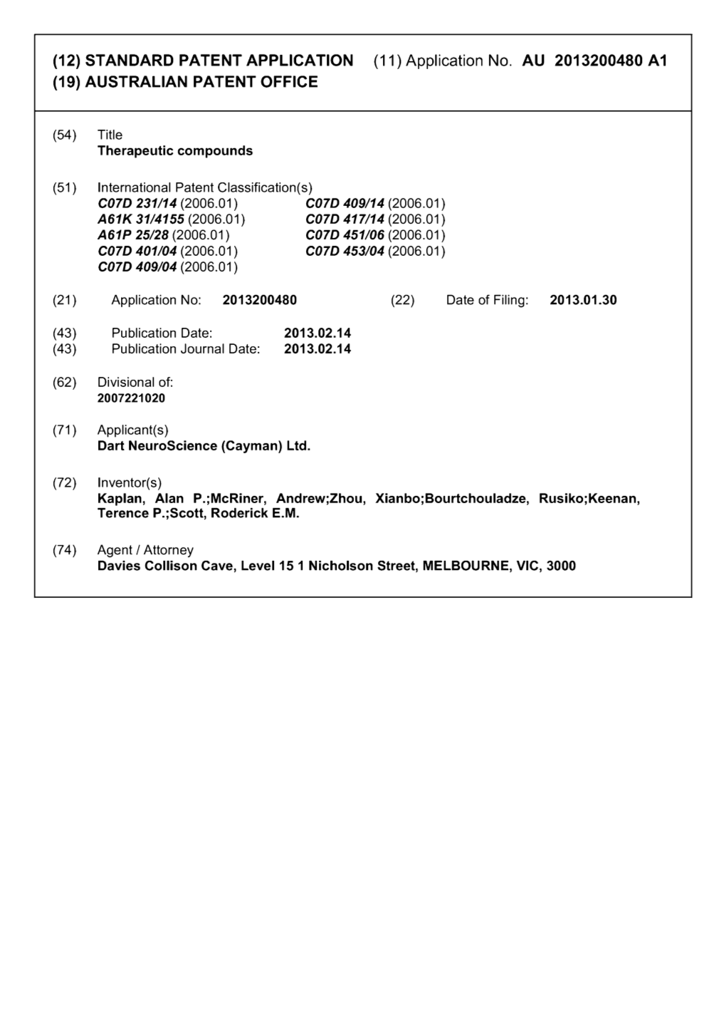 Application No. AU 2013200480 A1 (19) AUSTRALIAN PATENT OFFICE