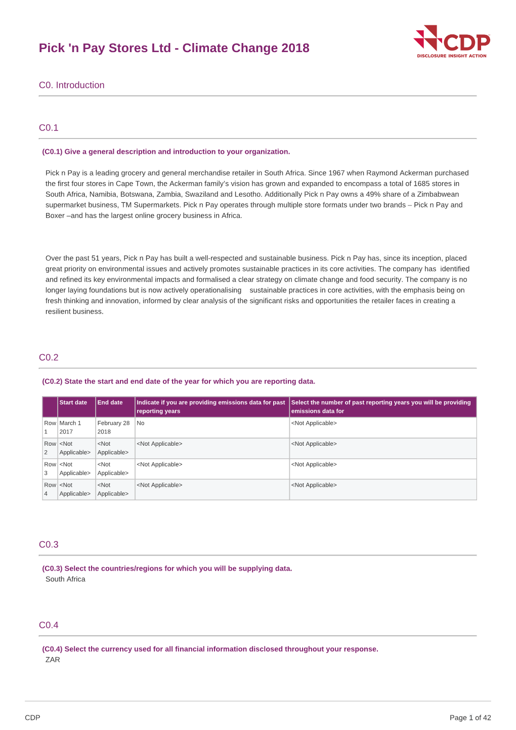 Pick 'N Pay Stores Ltd - Climate Change 2018