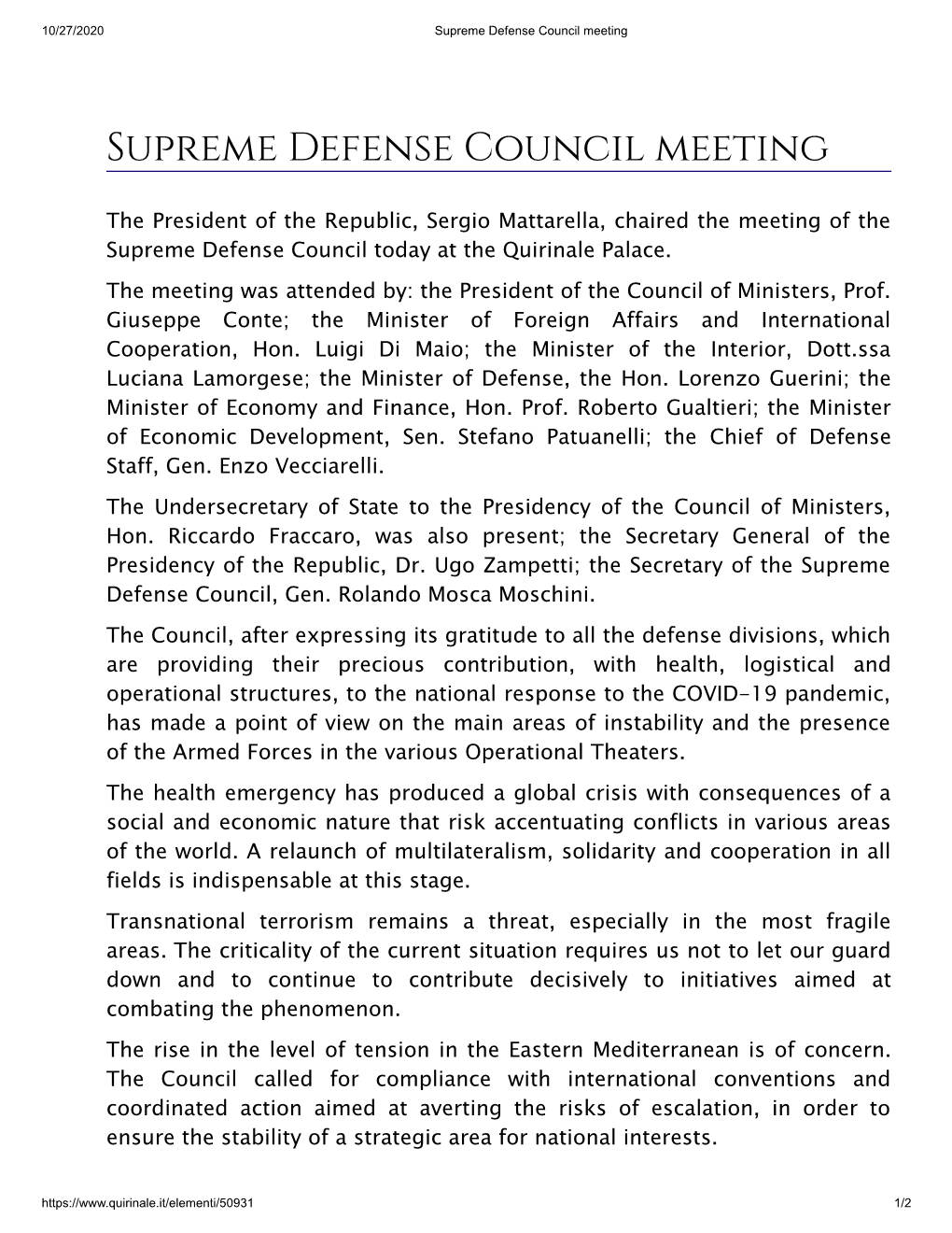 Supreme Defense Council Meeting