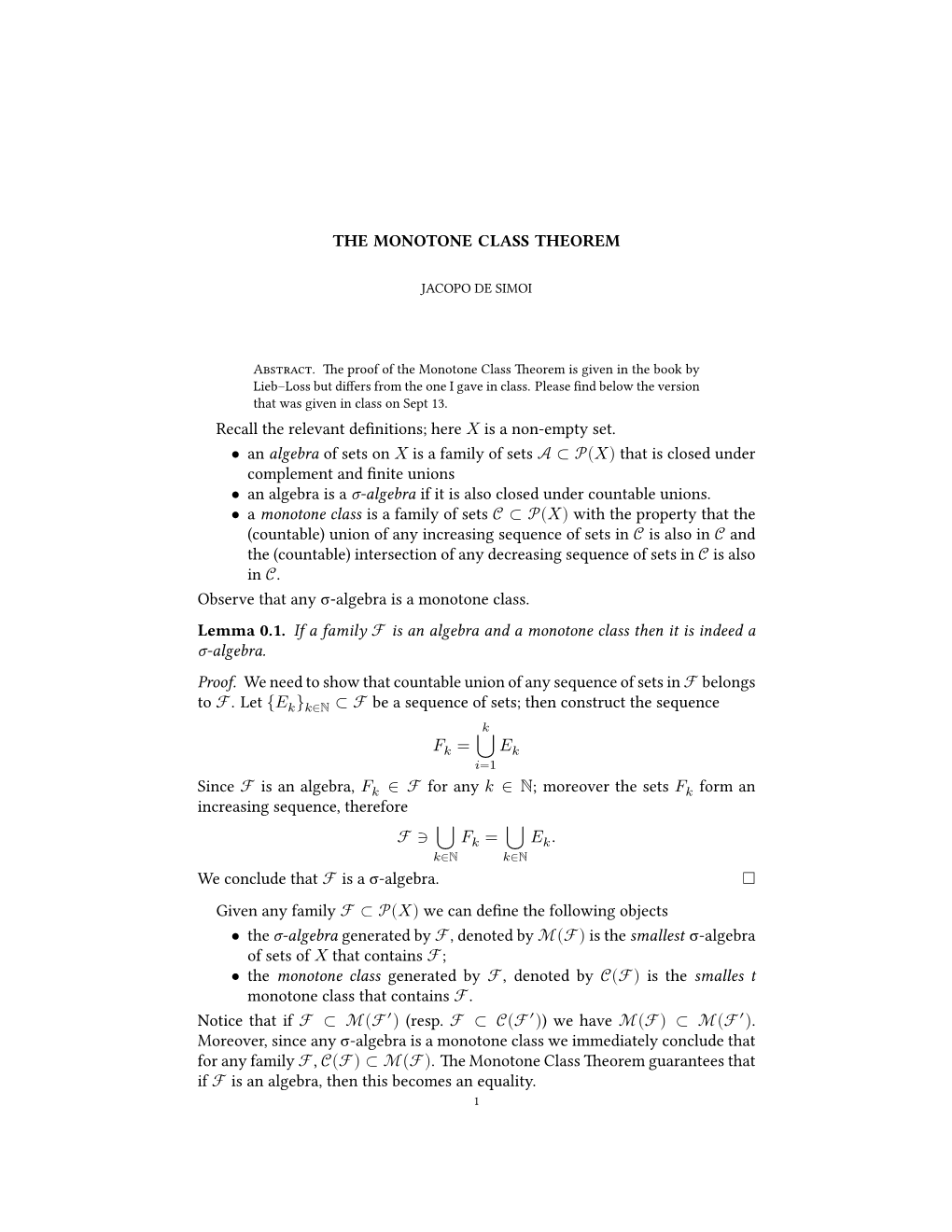 Note About the Monotone Class Theorem