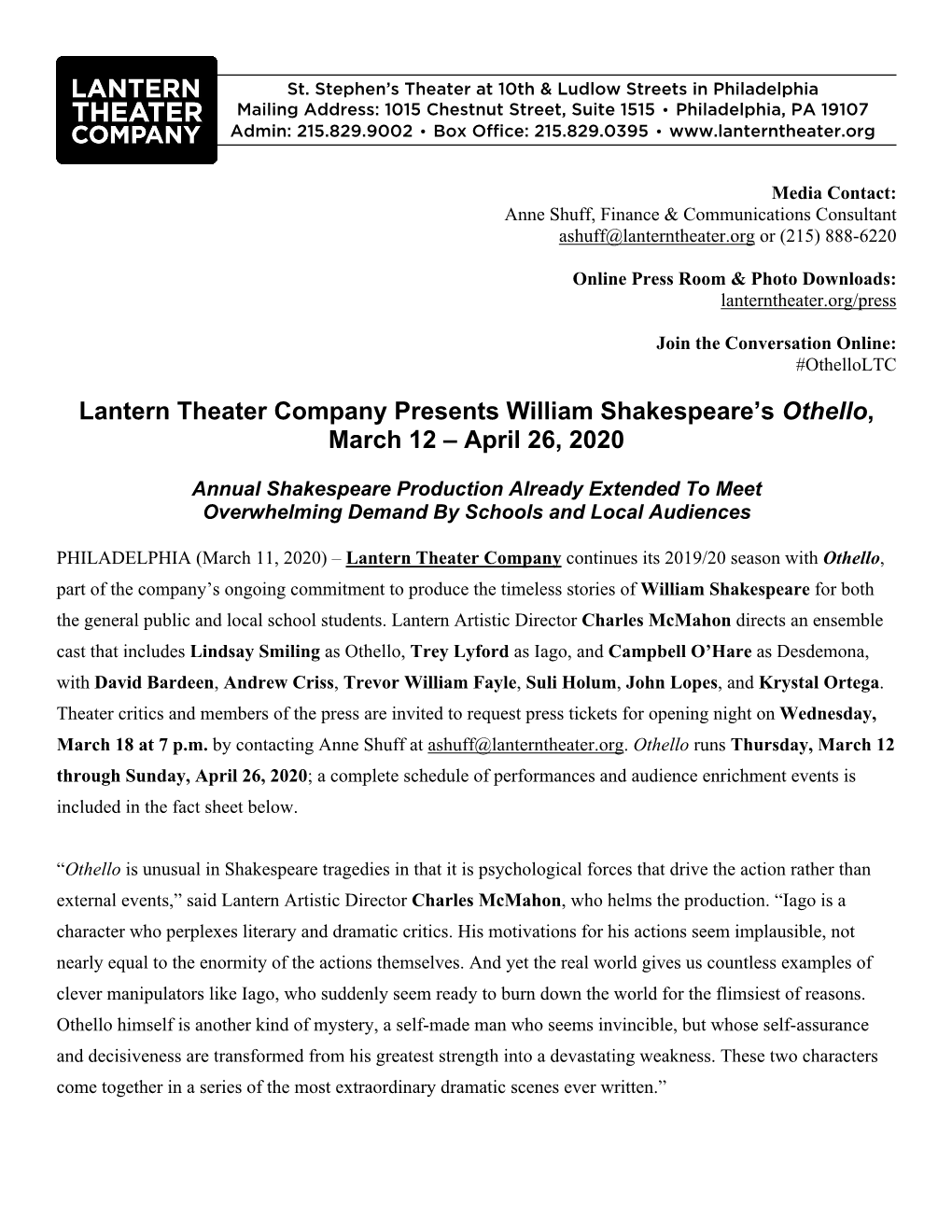 Lantern Theater Company Presents William Shakespeare's Othello