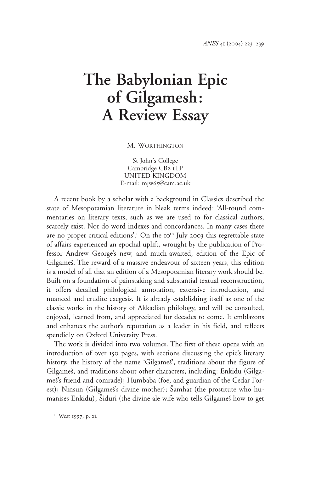 The Babylonian Epic of Gilgamesh: a Review Essay