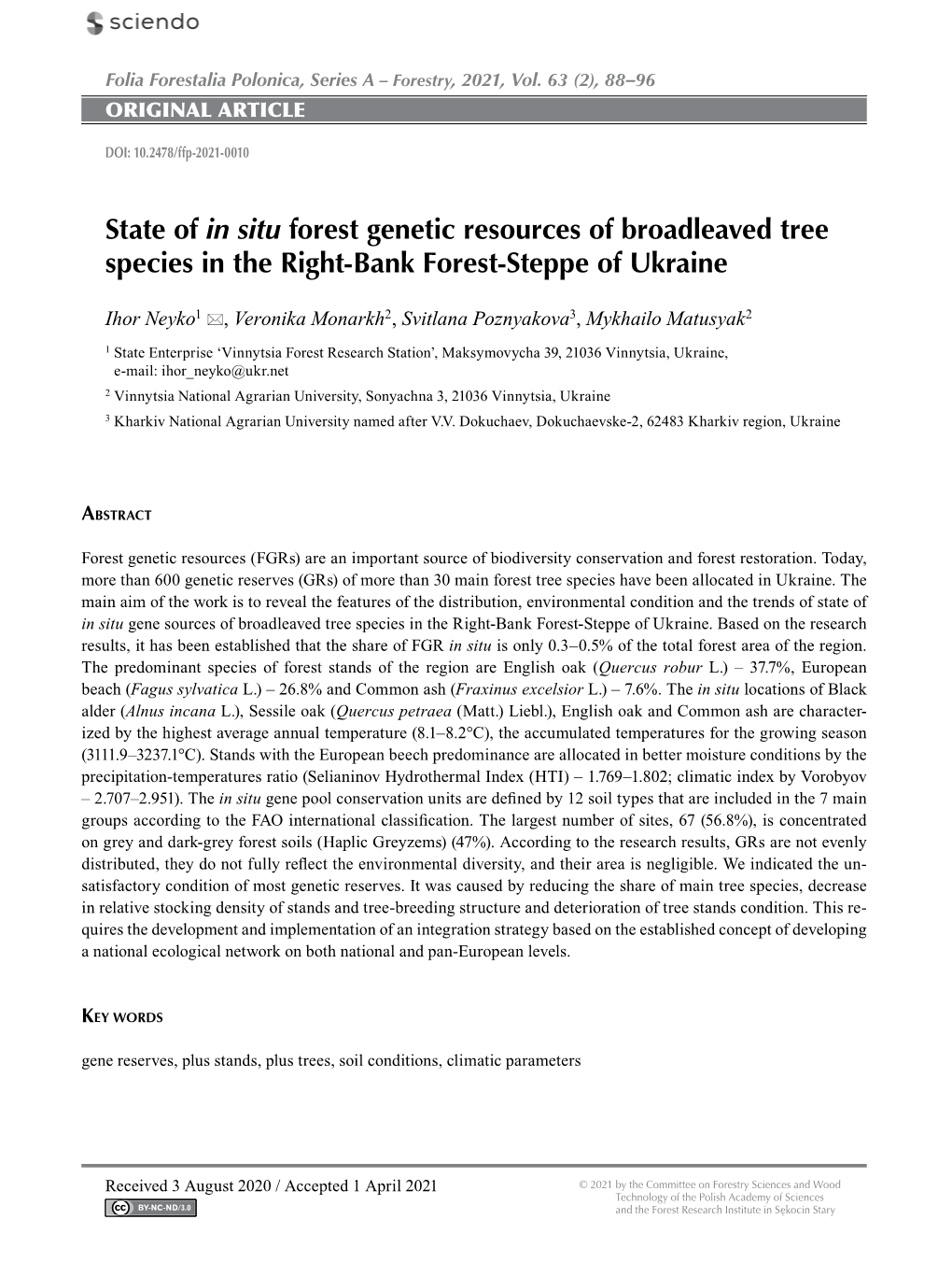 State of in Situ Forest Genetic Resources of Broadleaved Tree Species in the Right-Bank Forest-Steppe of Ukraine