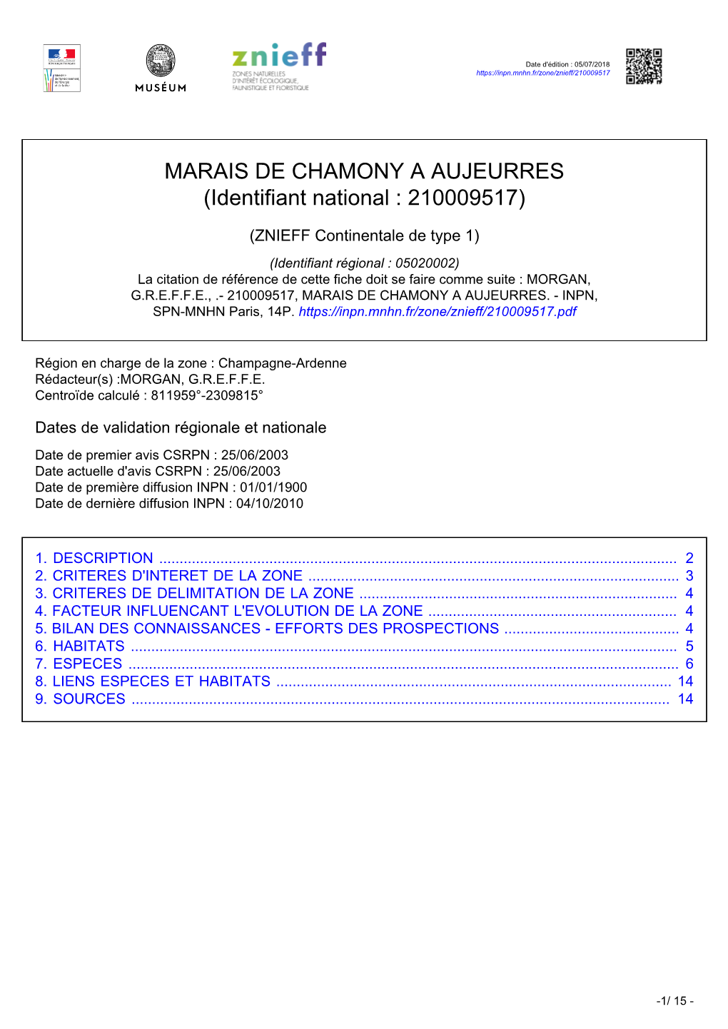 MARAIS DE CHAMONY a AUJEURRES (Identifiant National : 210009517)