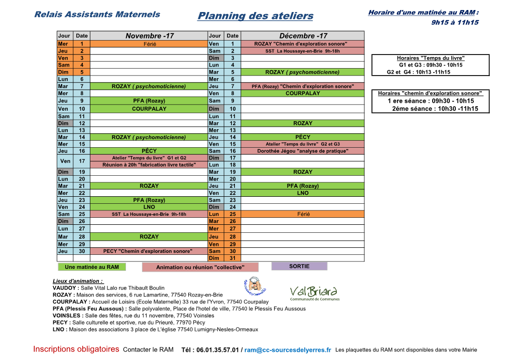 Planning Des Ateliers Horaire D'une Matinée Au RAM : 9H15 À 11H15