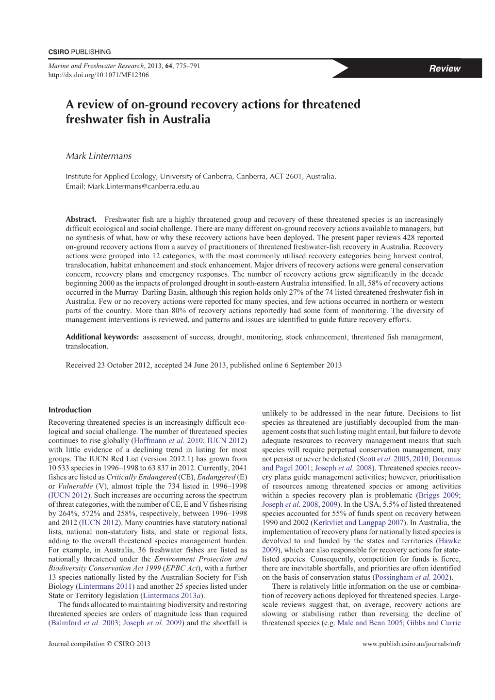 A Review of On-Ground Recovery Actions for Threatened Freshwater Fish in Australia