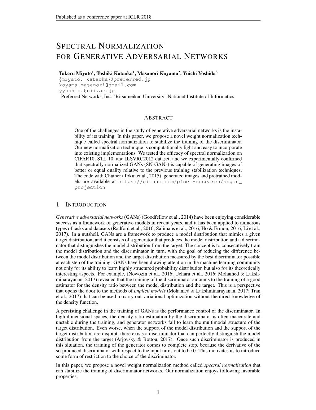 Spectral Normalization for Generative Adversarial Networks