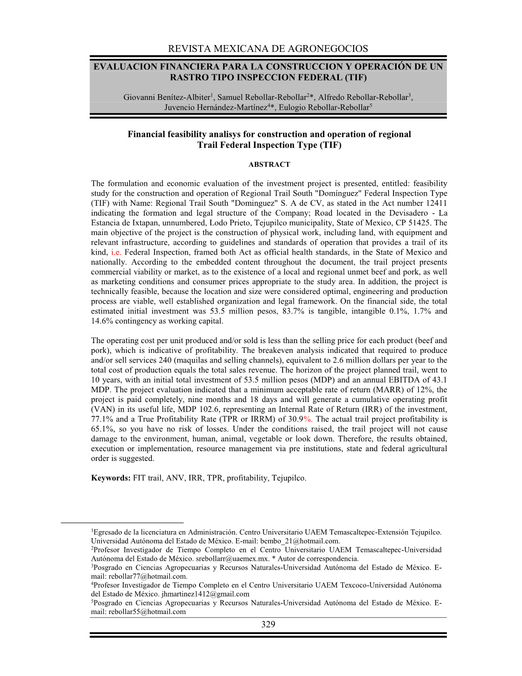 Evaluacion Financiera Para La Construccion Y Operación De Un Rastro Tipo Inspeccion Federal (Tif)